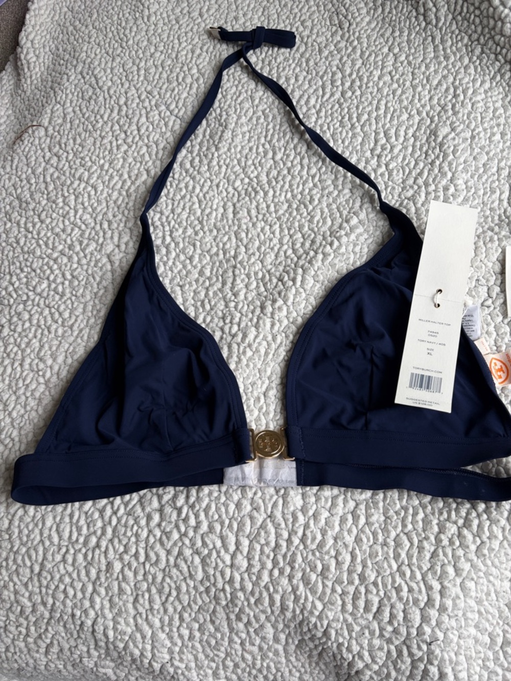 Tory Burch Navy Triangle Halter Bikini Top with Gold Medallion